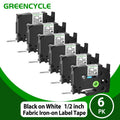 6 Pack Fabric Iron-On Label Tapes for Brother P-Touch - 12mm x 3m, Black on White