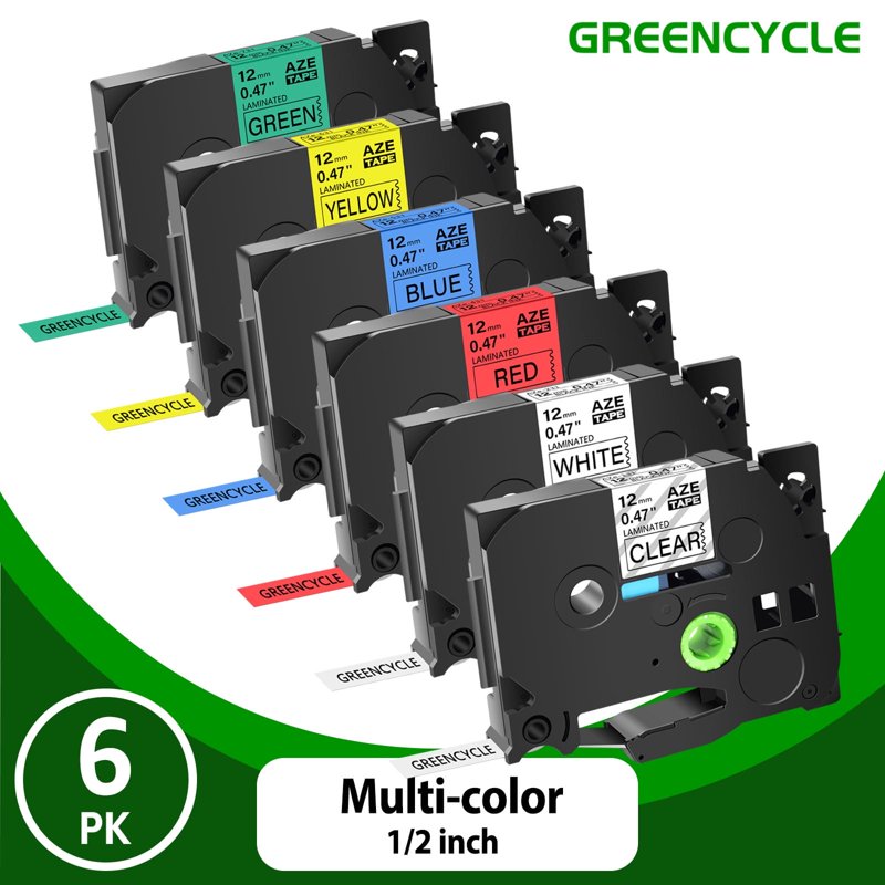 6 Pack Laminated Label Tape for Brother P-touch TZe Series - 12mm Wide