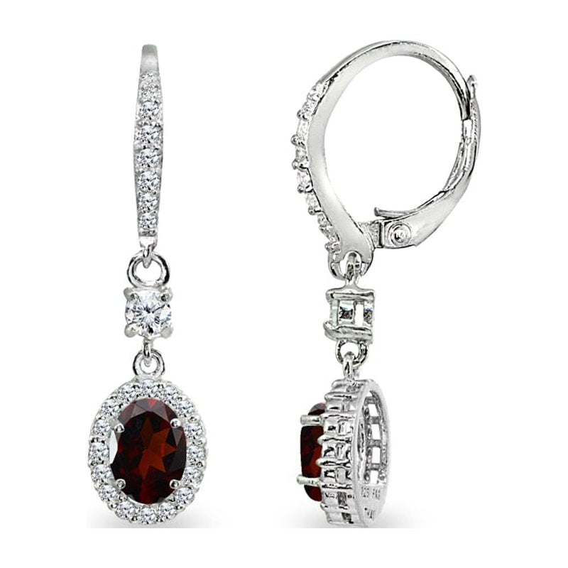 Sterling Silver Oval Halo Dangle Earrings with Gemstones for Women & Teens