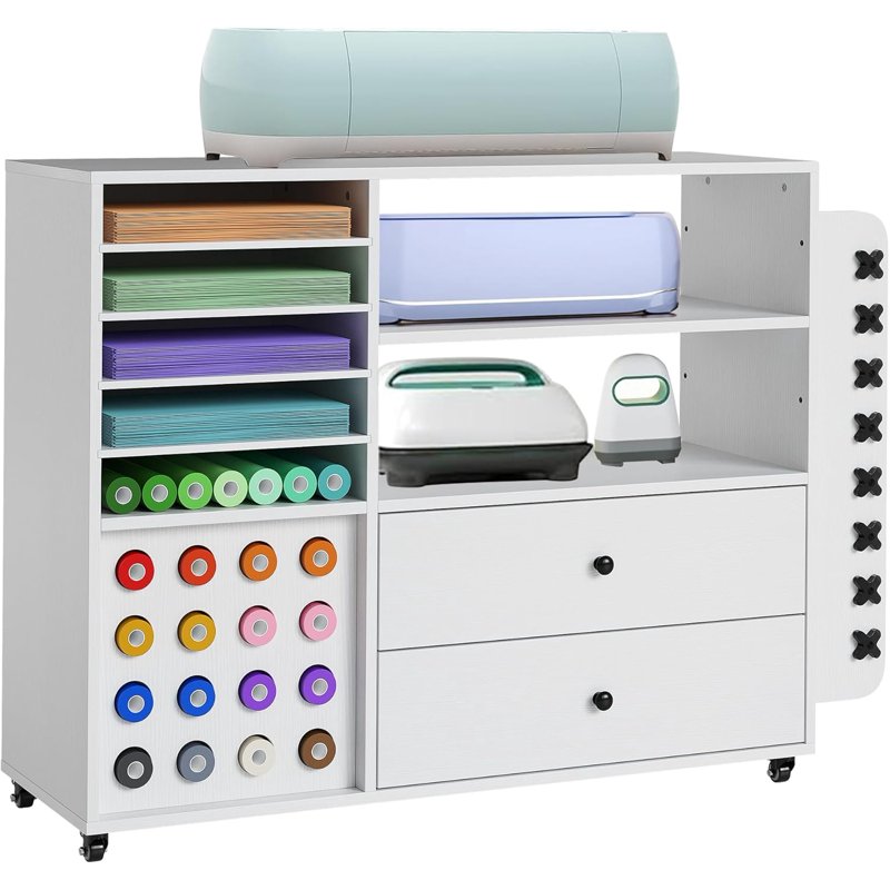 Craft Storage Cart with Vinyl Roll Holders and Large Drawers for Cricut Machines - White