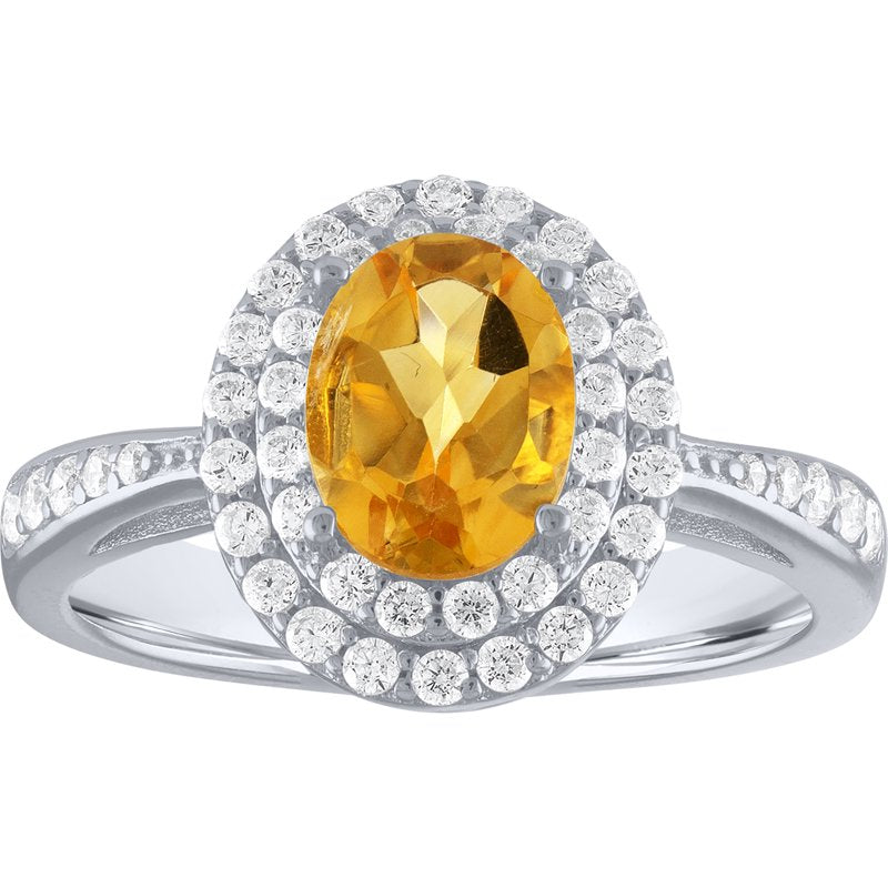 Sterling Silver Citrine and CZ Ring - Oval Halo Birthstone Jewelry