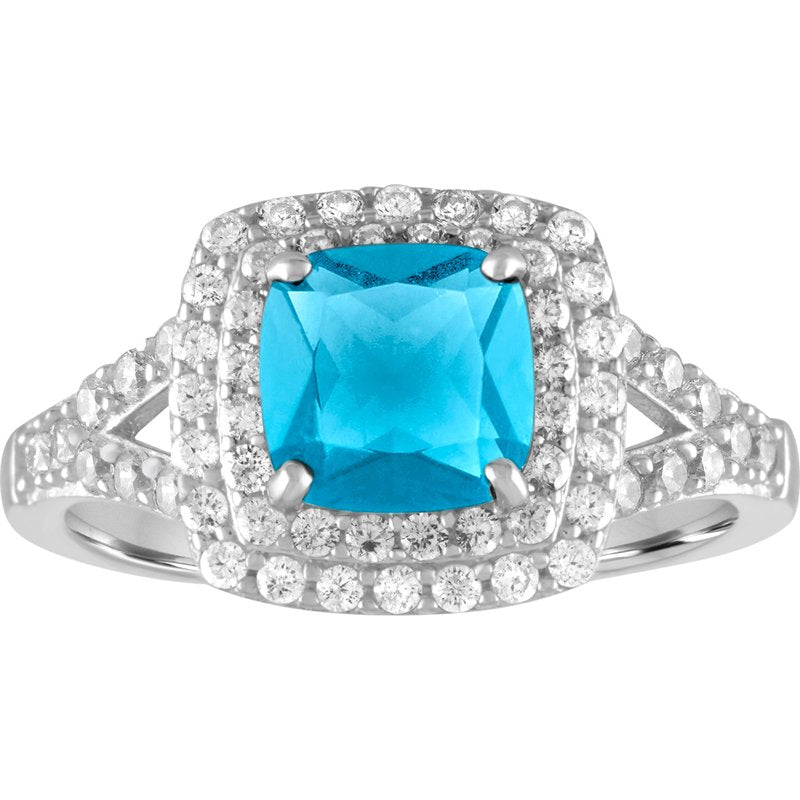 Sterling Silver Blue Topaz CZ Double-Halo Ring - Multiple Sizes