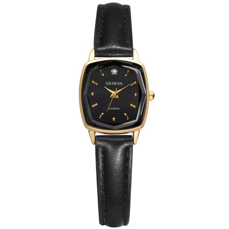 Geneva Ladies Black Strap Watch with Genuine Diamond Dial and Gold Tone Bezel