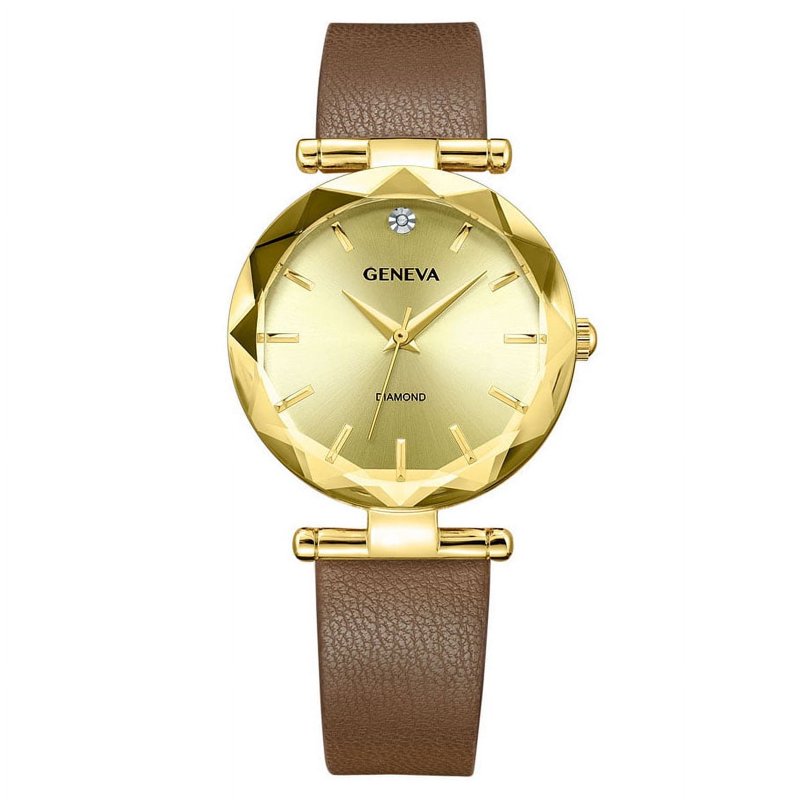 Geneva Ladies Gold Tone Diamond Bezel Watch with Brown Strap
