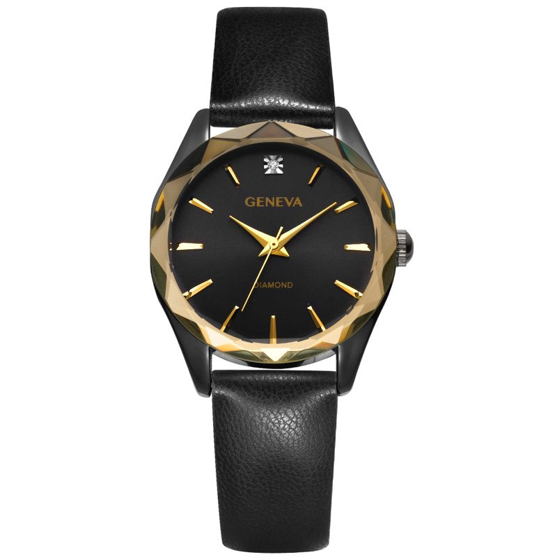 Geneva Ladies Gunmetal Watch with Diamond Faceted Bezel and Black Strap