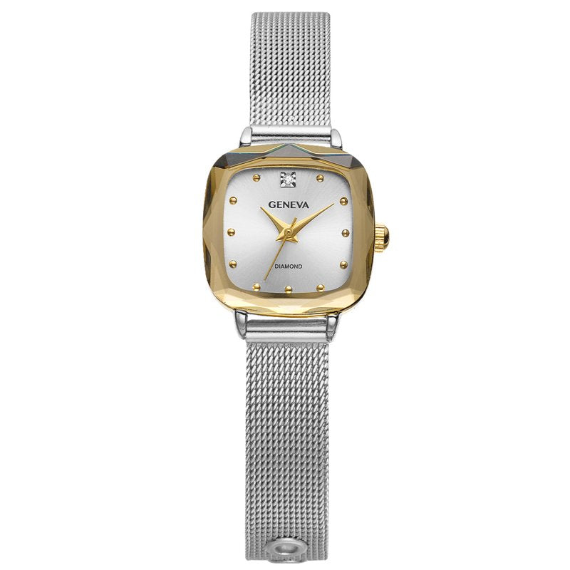 Geneva Ladies Silver Tone Mesh Watch with Genuine Diamond Dial & Faceted Bezel
