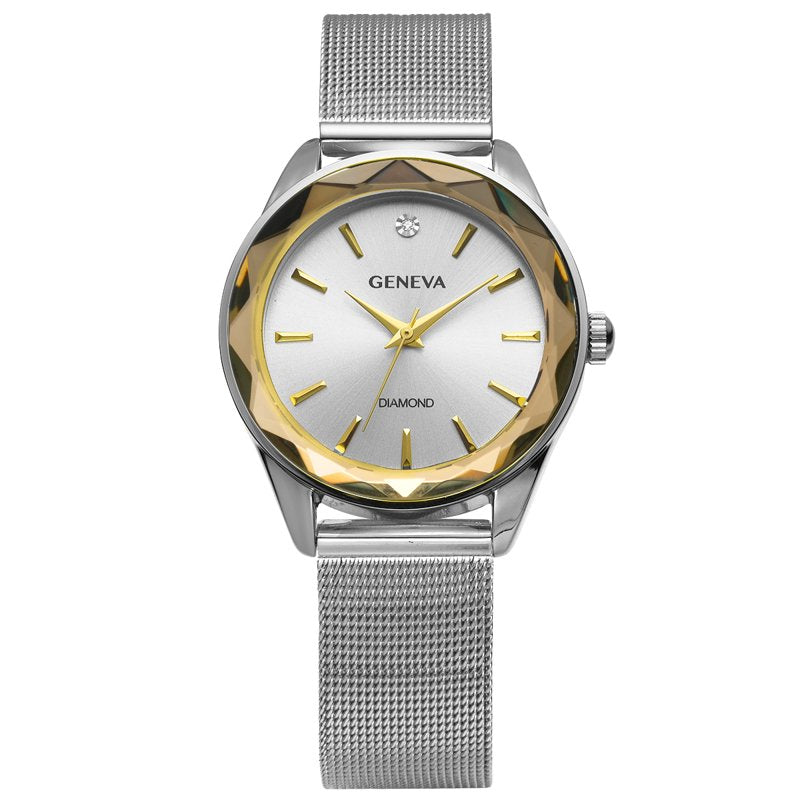 Geneva Ladies Silver Tone 34mm Diamond Bezel Mesh Watch - Elegant Gift