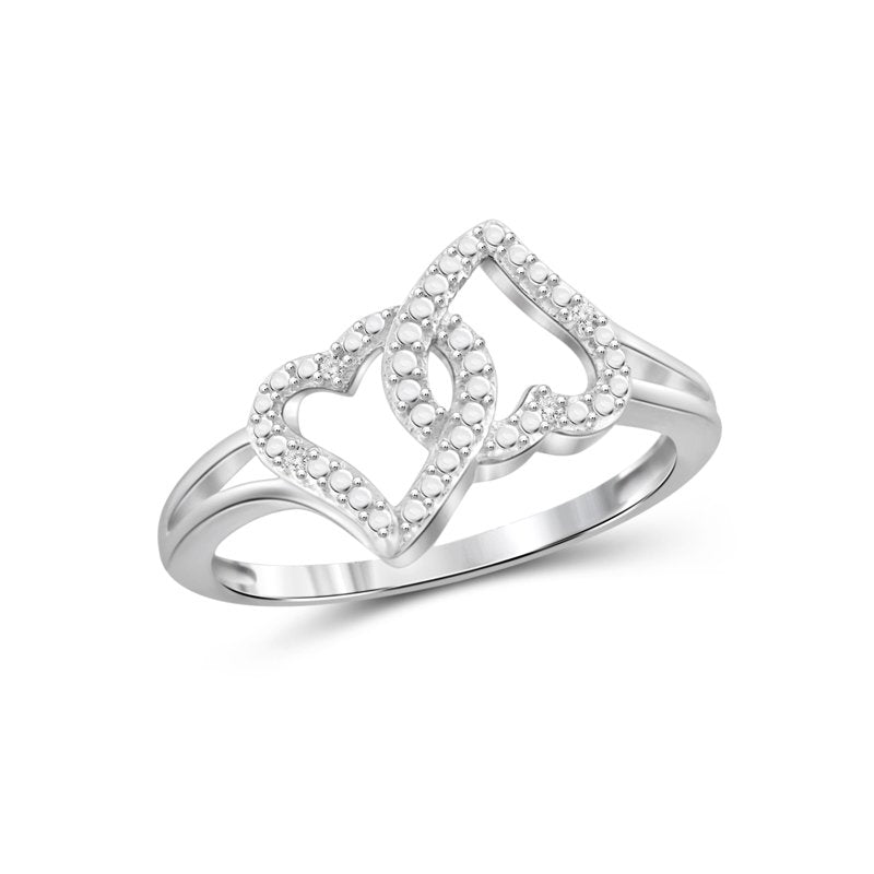 Sterling Silver Double Heart Ring with White Diamonds – Multiple Sizes