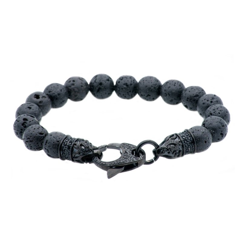 Men's Lava Stone Beaded Bracelet - Black Plated Stainless Steel, 8.5 Inches