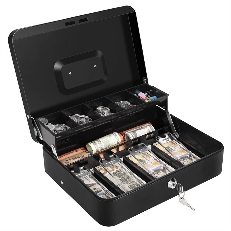 Heavy Duty Metal Cash Box with Lock and Coin Tray - 11.8x9.4x3.5 Inches