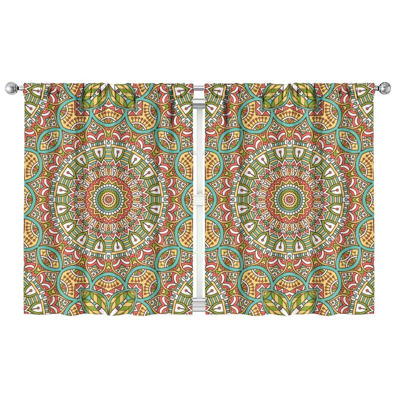 Geometric Mandala Window Curtain Panels 2 Pack - Rod Pocket Tier Artful Decor