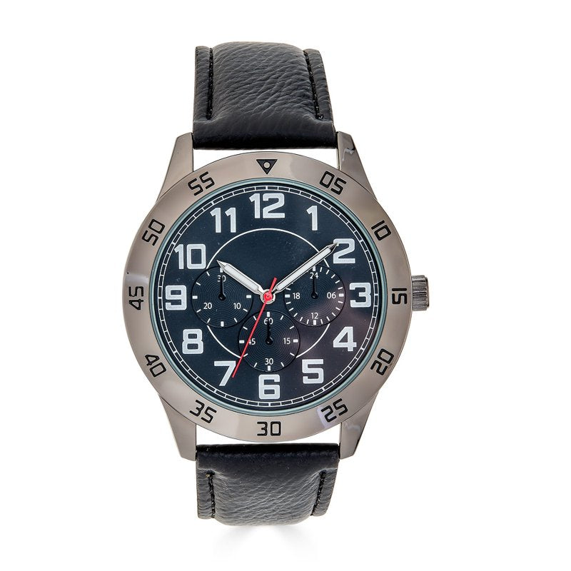 Men's Sport Watch with Gunmetal Bezel and Black Leather Strap