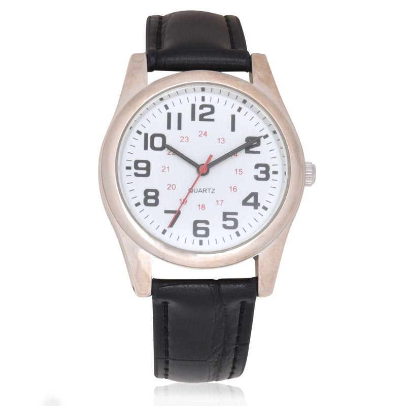 Men's Analog Watch with Round Case and PU Strap - White Dial, Silver Tone