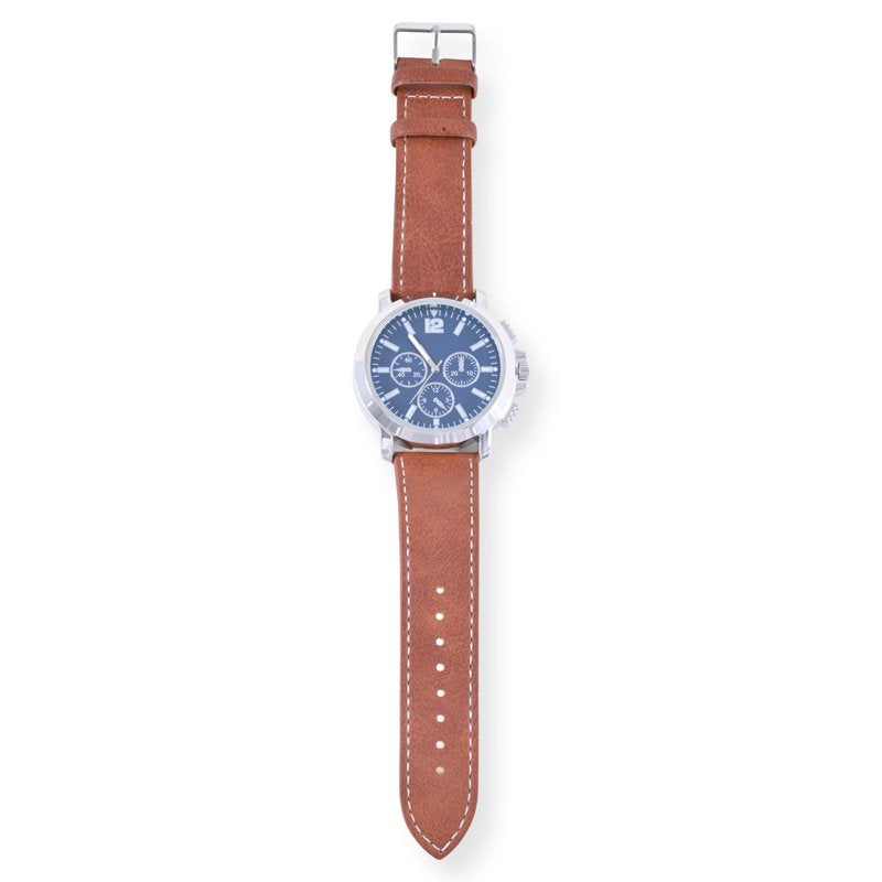 Adult Male Analog Watch with Silver Dial and Brown Strap - Water Resistant
