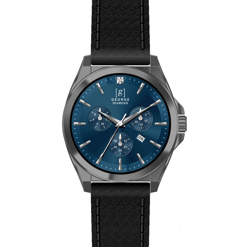 Men's Gunmetal Blue Dial Watch with Genuine Diamond Accent and Black Strap