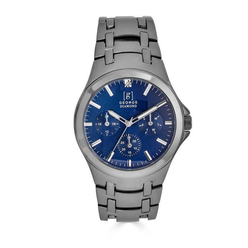 Men's 41mm Gunmetal Blue Dial Diamond Bracelet Watch - Genuine Gemstone