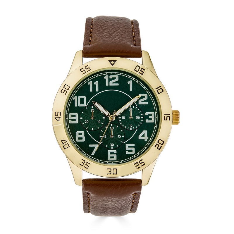 Men's Gold Tone Green Dial Watch with Brown Strap - Easy Read Classic Design