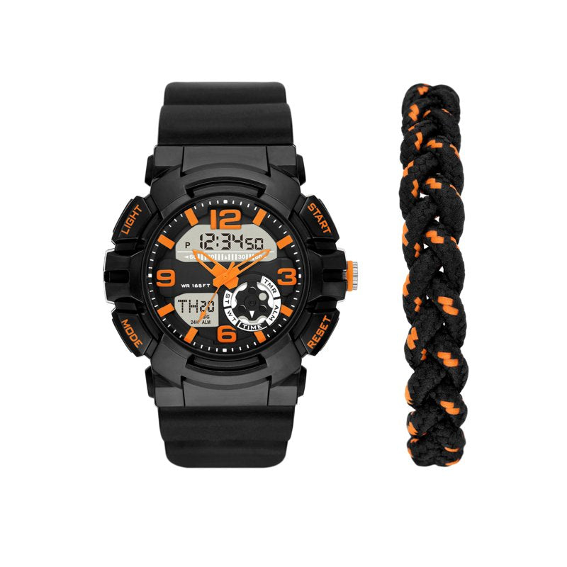 Men's Analog Digital Watch Set with Orange Strap and Water Resistance