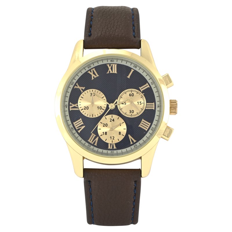 Men's Gold Round Case Watch with Brown Strap - Analog Faux Eye Dial