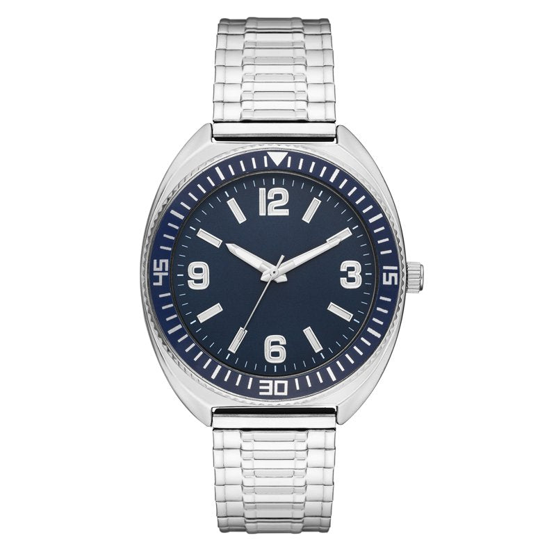 Men's Silver-Tone Expansion Strap Wristwatch with Blue Dial