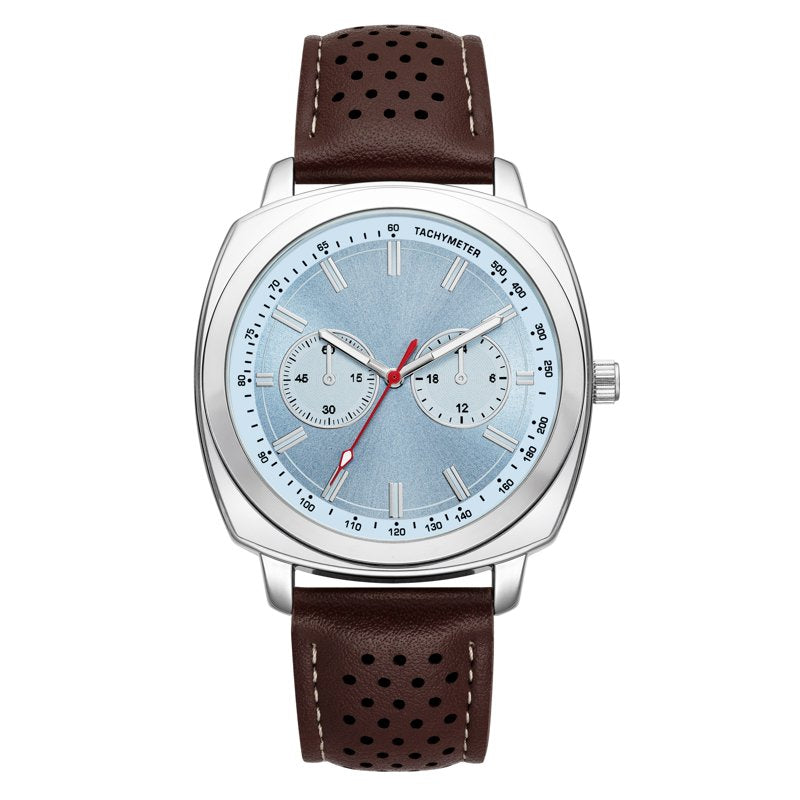 Men's Silver-Tone Leather Strap Watch with Blue Dial and Sporty Design