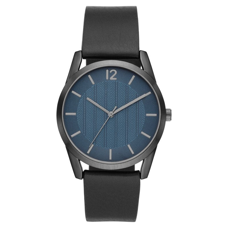 Men's Quartz Watch with Blue Textured Dial and Vegan Leather Strap