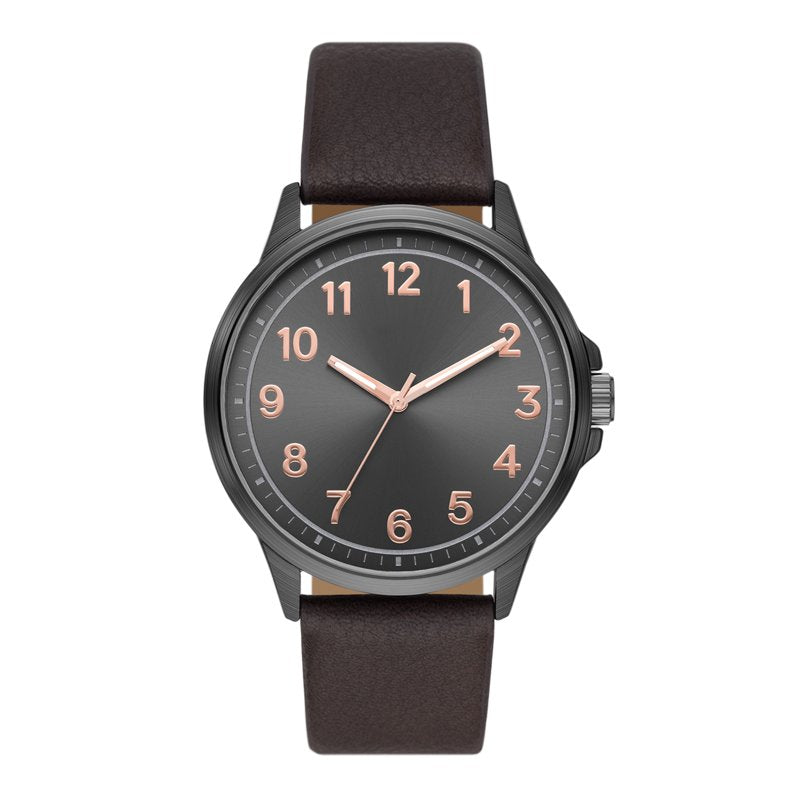 Men's Quartz Watch with Gunmetal Case & Brown Vegan Leather Strap