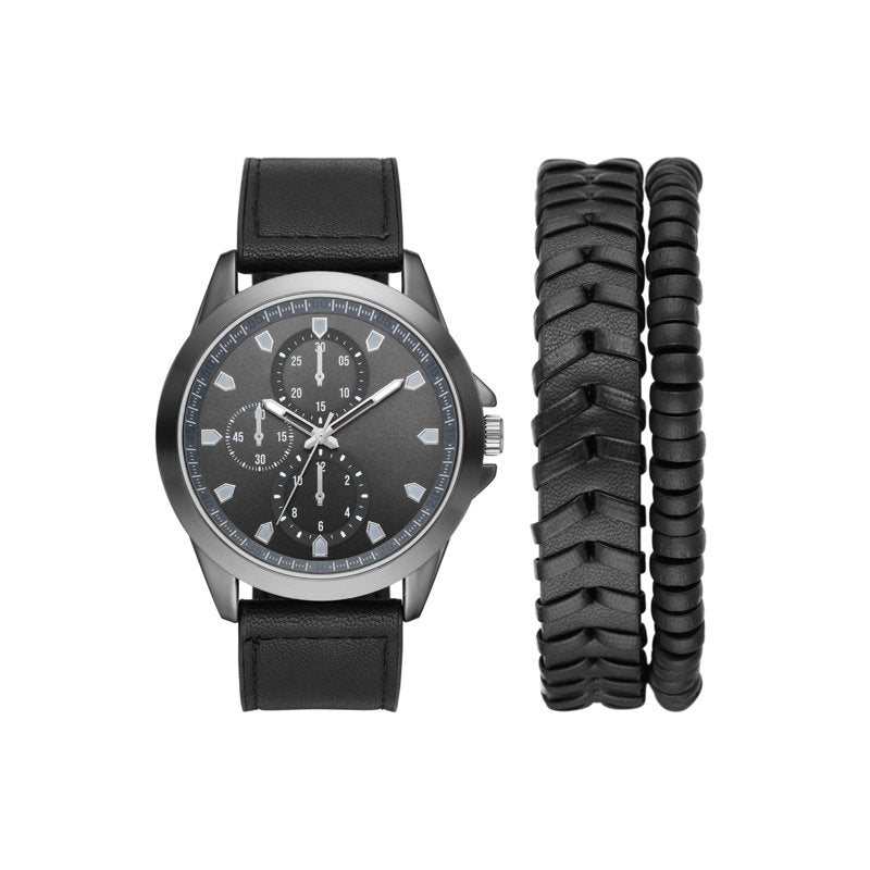 Men's Watch Set with Gunmetal Case Black Dial Vegan Leather & Braided PU Bands