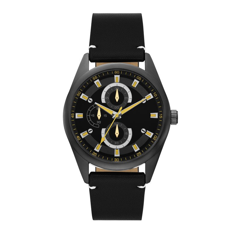 Men's Wristwatch 43mm Gunmetal Case Black Dial Faux Leather Strap