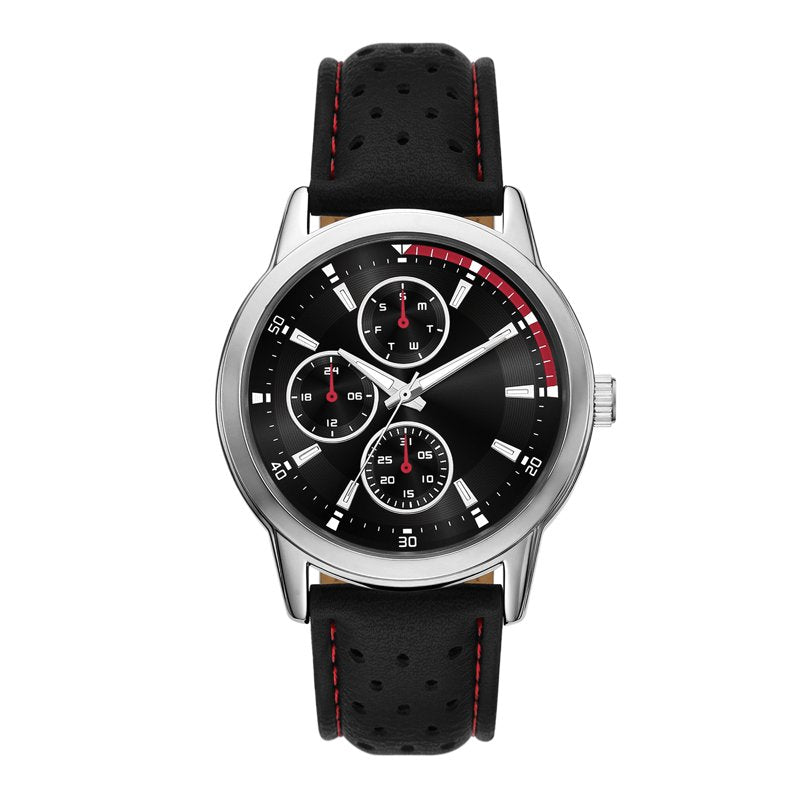 Men's Sporty Wristwatch with Black Dial and Perforated Faux Leather Strap - 43mm