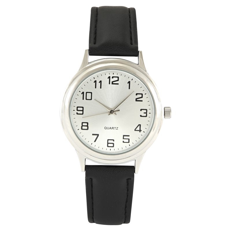 George Men's Silver Case with Black Faux Leather Strap Watch