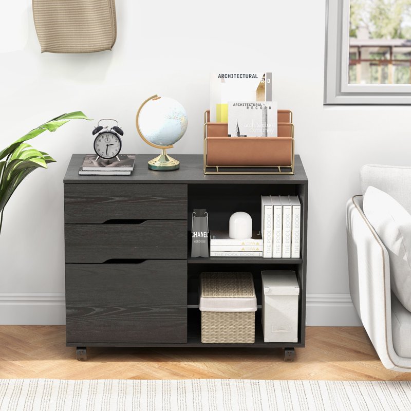 Black 3-Drawer File Cabinet with Wheels & Open Shelves for Office Storage