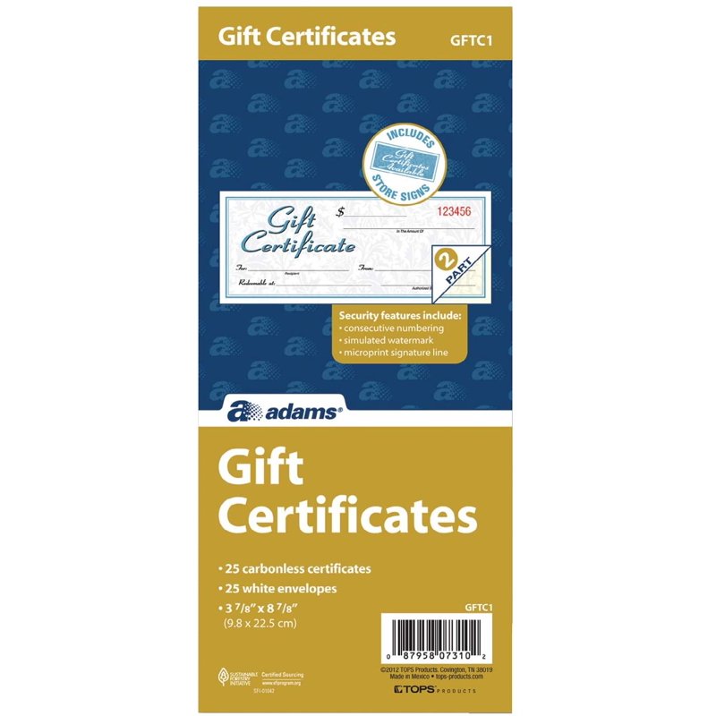 Gift Certificates with Envelopes - 25 Pack, Rectangular, 8x3.4 Inches