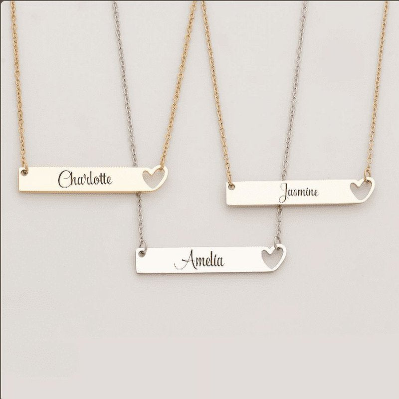 Personalized Name Necklace for Women - Engraved Heart Bar Pendant Gift