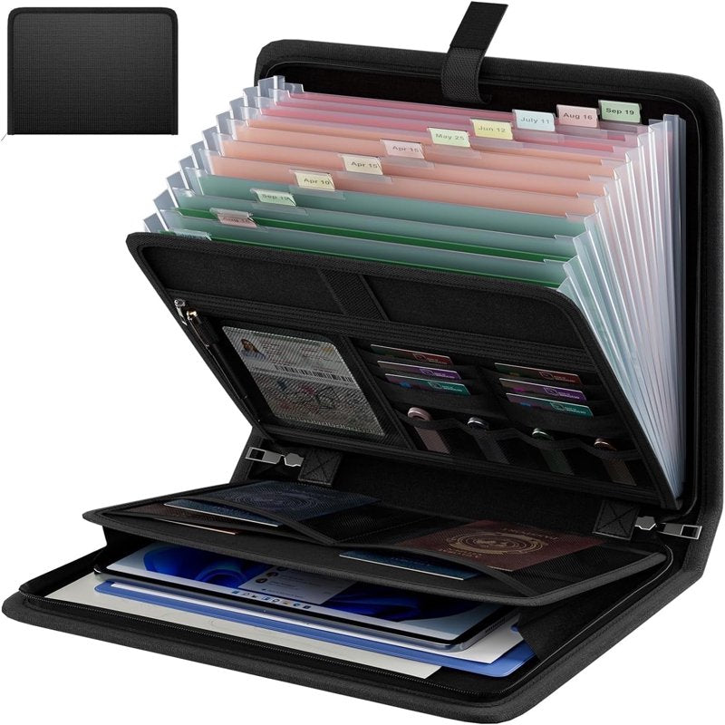 Fireproof Accordion File Organizer with Waterproof Zipper and Labels, 13 Pockets