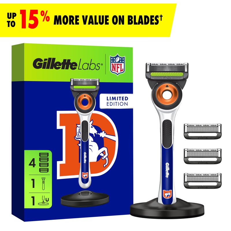 Gillette Labs Broncos Razor for Men with Exfoliating Bar & Refills - Game Day Grooming