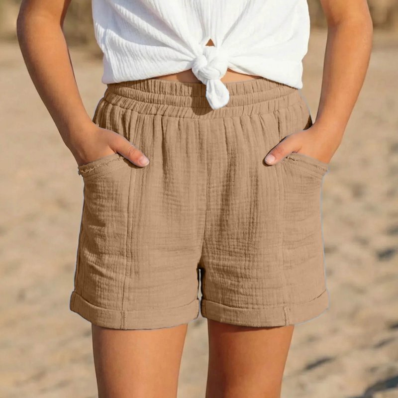 Girls Loose Fit Khaki Shorts with Elastic Waist for Summer Vacation