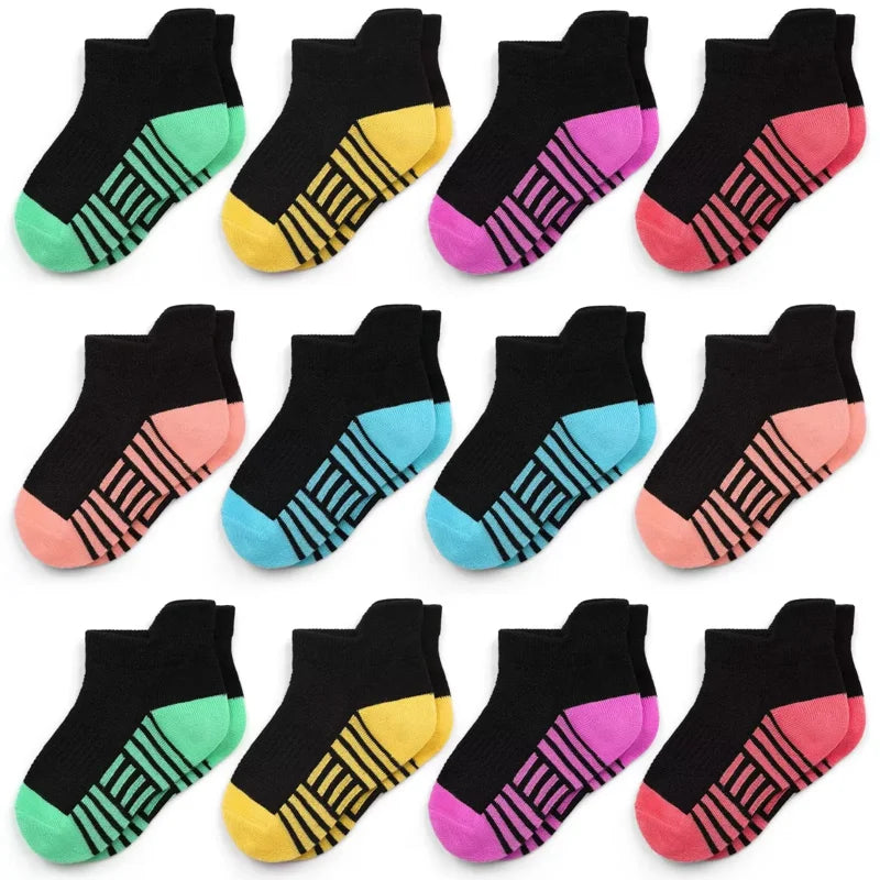 Girls 12-Pair Athletic Ankles Socks, White/Black, 1-14 Years, Tphon
