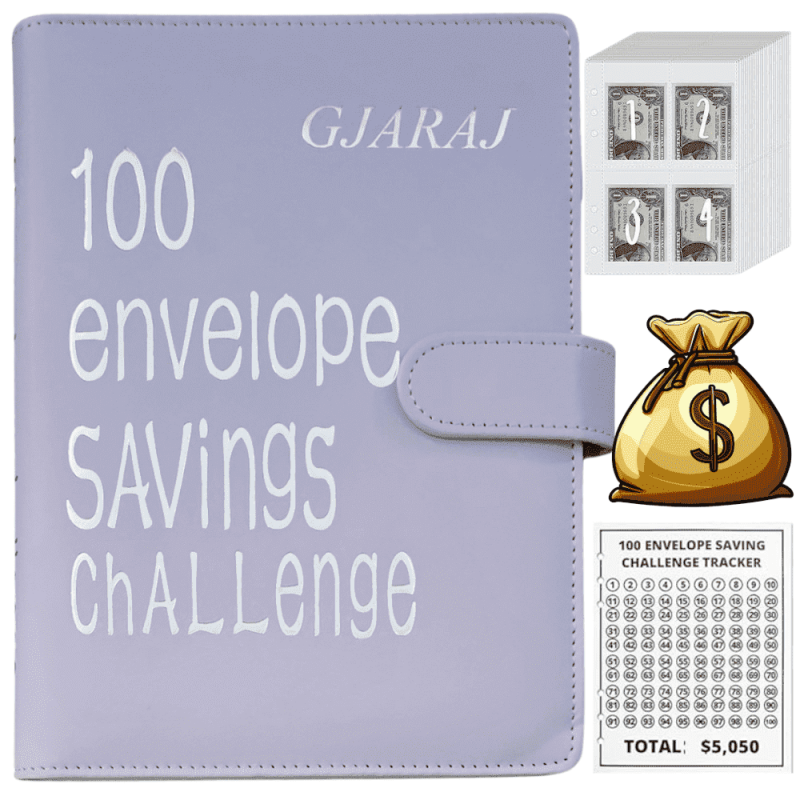 A5 Money Saving Challenge Binder with 100 Cash Envelopes - Purple Faux Leather