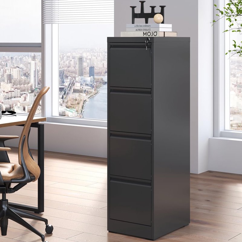 4-Drawer Locking Metal File Cabinet for Office Storage - Black