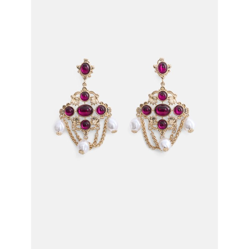 Gold Tone Chandelier Earrings for Women - Faux Pearl & Jewel Accents
