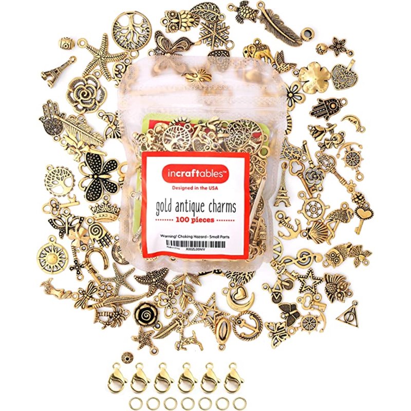 Gold Charms Bulk Set with Clasps & Jump Rings for Jewelry Making - 100 Pieces