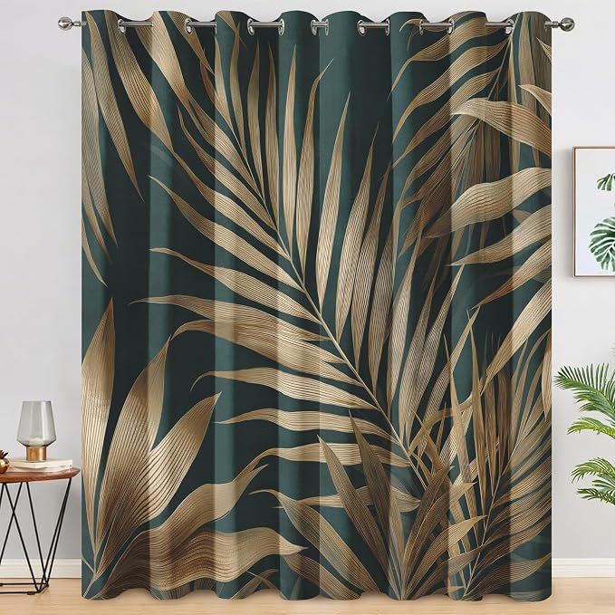 Blackout Tropical Leaf Curtains for Bedroom & Living Room - Thermal Insulated Grommet Drapes, 53x63 inches, Pack of 2