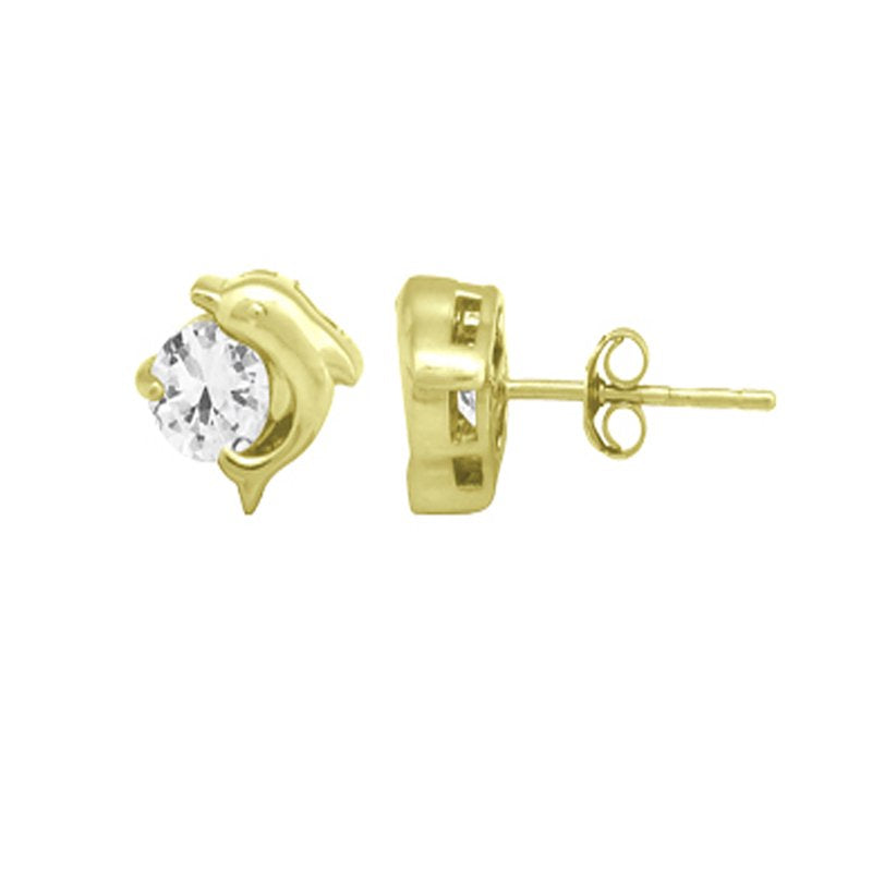 Gold Plated Sterling Silver CZ Dolphin Stud Earrings - Hypoallergenic Jewelry