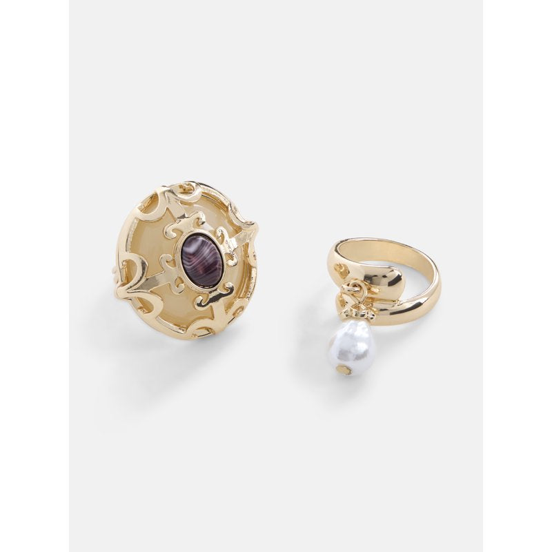 Gold-Tone Scroll and Wrap Rings Set for Women - 2 Pieces, Faux Pearl & Stone Accents