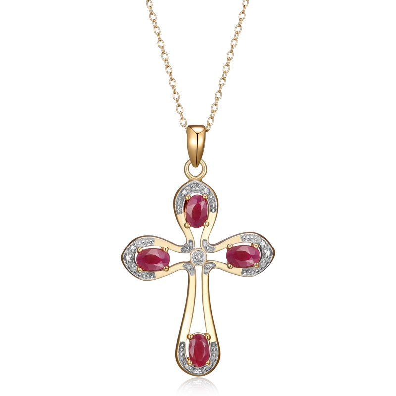Gold Over Sterling Silver Ruby and Diamond Cross Pendant with 18" Chain