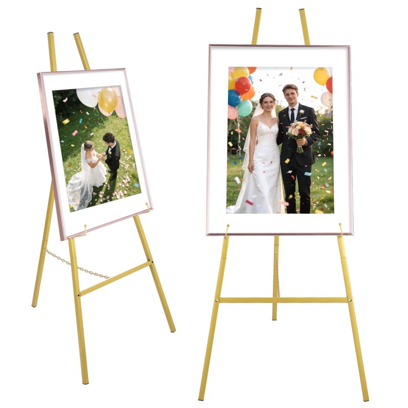 Heavy Duty Gold Easel Stand for Wedding Signs - Adjustable Floor Display, Supports Up to 25lbs