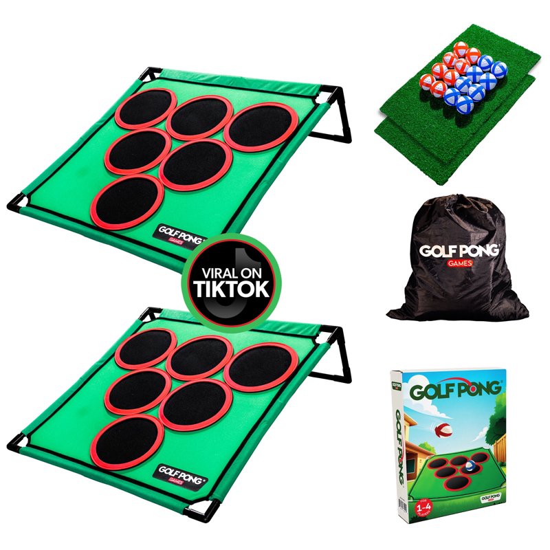Golf Pong Versus 2-Player Chipping Mat Set – 46-Piece Green Backyard Indoor Game