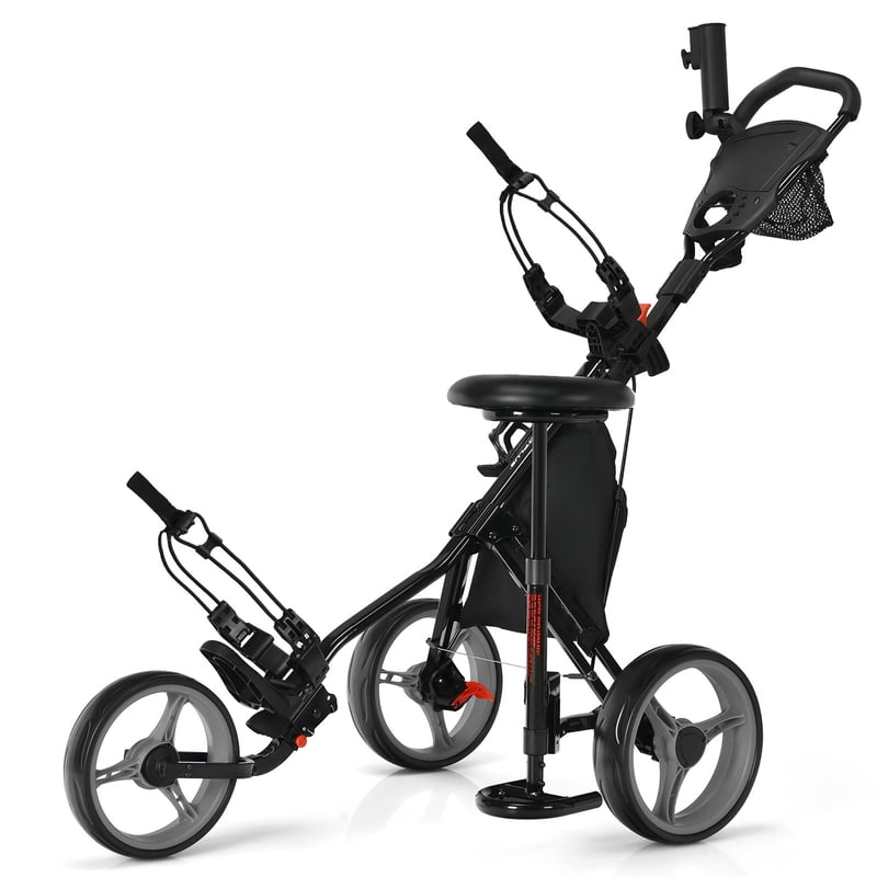Goplus Folding 3-Wheel Golf Push Cart with Seat, Scoreboard & Adjustable Handle - Grey (Variation: Grey)