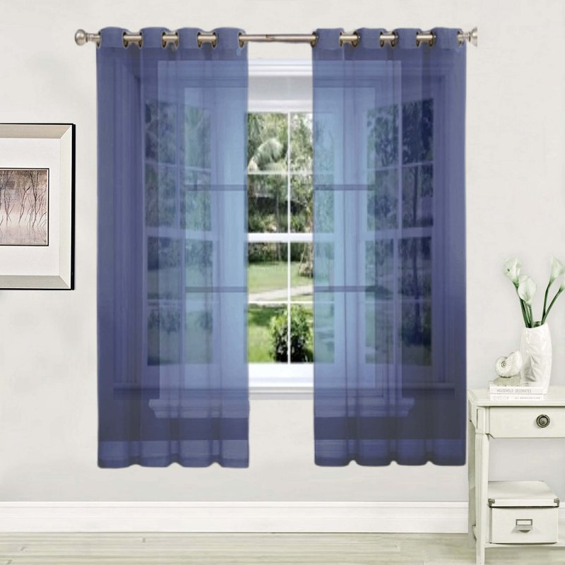 Navy Blue Sheer Window Curtains Set of 2 - Light-Filtering Voile Panel, 55x63 Inches